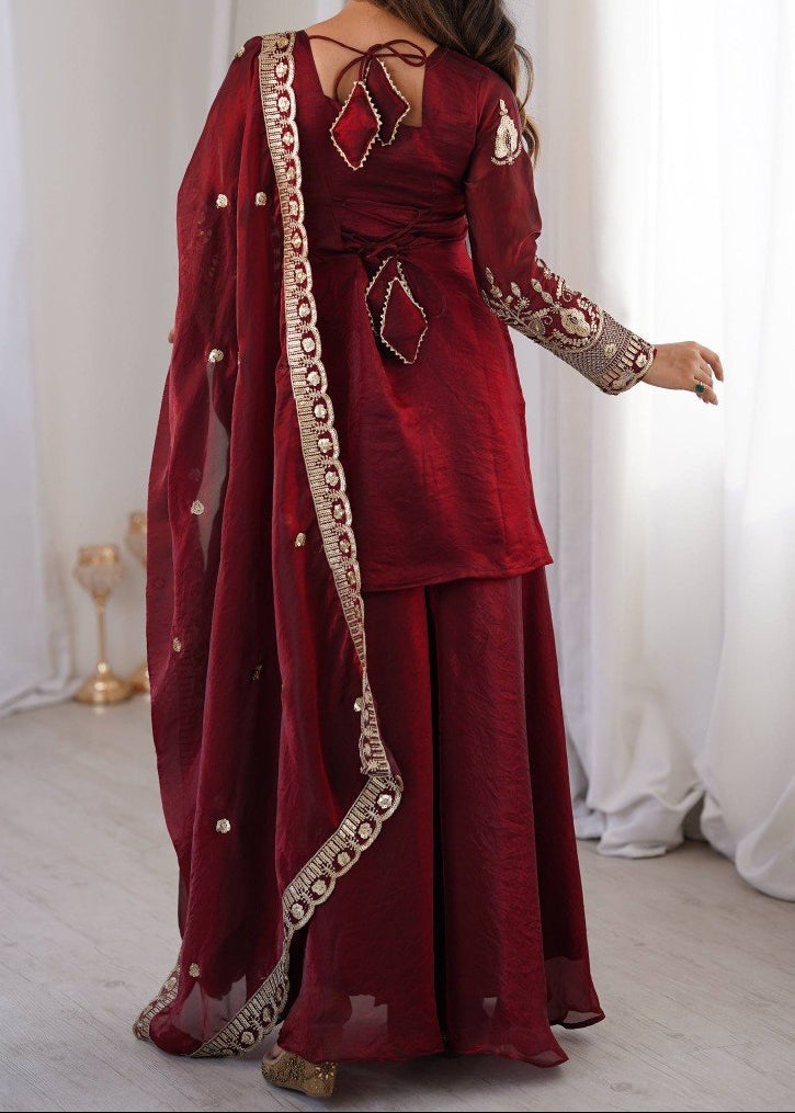 Wedding Wear Fendy Silk Embroidery Sequence Work Top, Sharara & Dupatta
