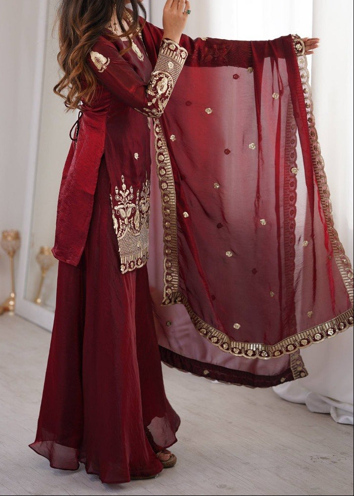 Wedding Wear Fendy Silk Embroidery Sequence Work Top, Sharara & Dupatta