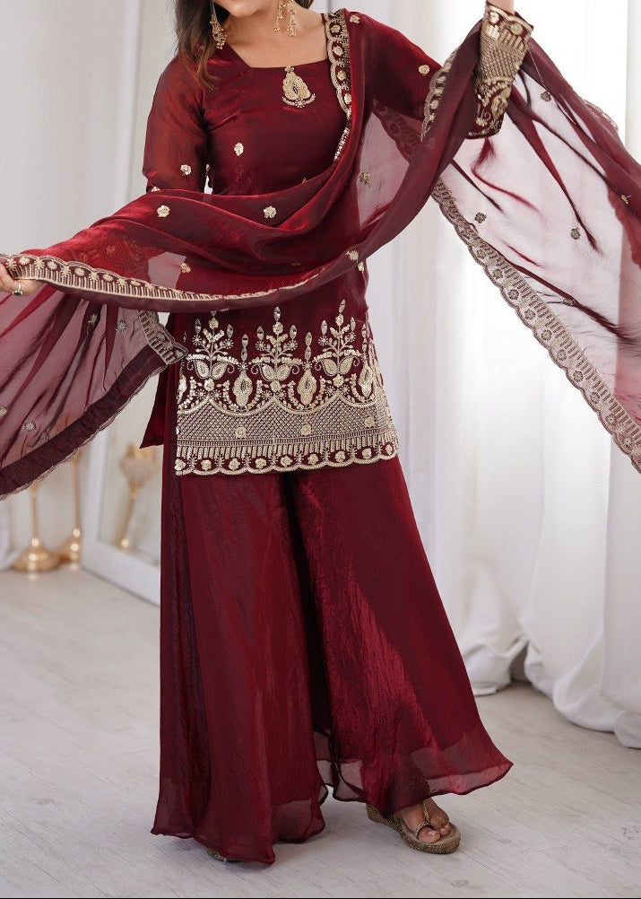 Wedding Wear Fendy Silk Embroidery Sequence Work Top, Sharara & Dupatta