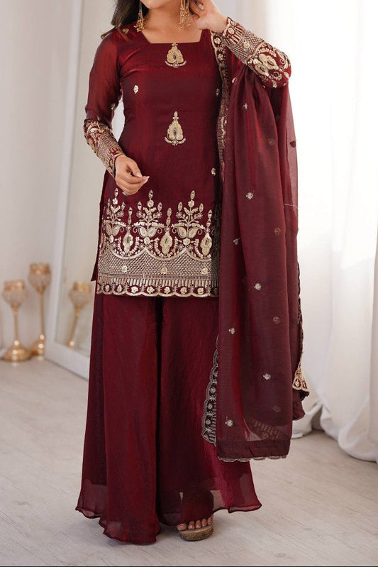 Wedding Wear Fendy Silk Embroidery Sequence Work Top, Sharara & Dupatta