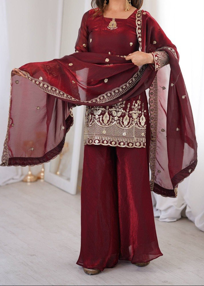 Wedding Wear Fendy Silk Embroidery Sequence Work Top, Sharara & Dupatta