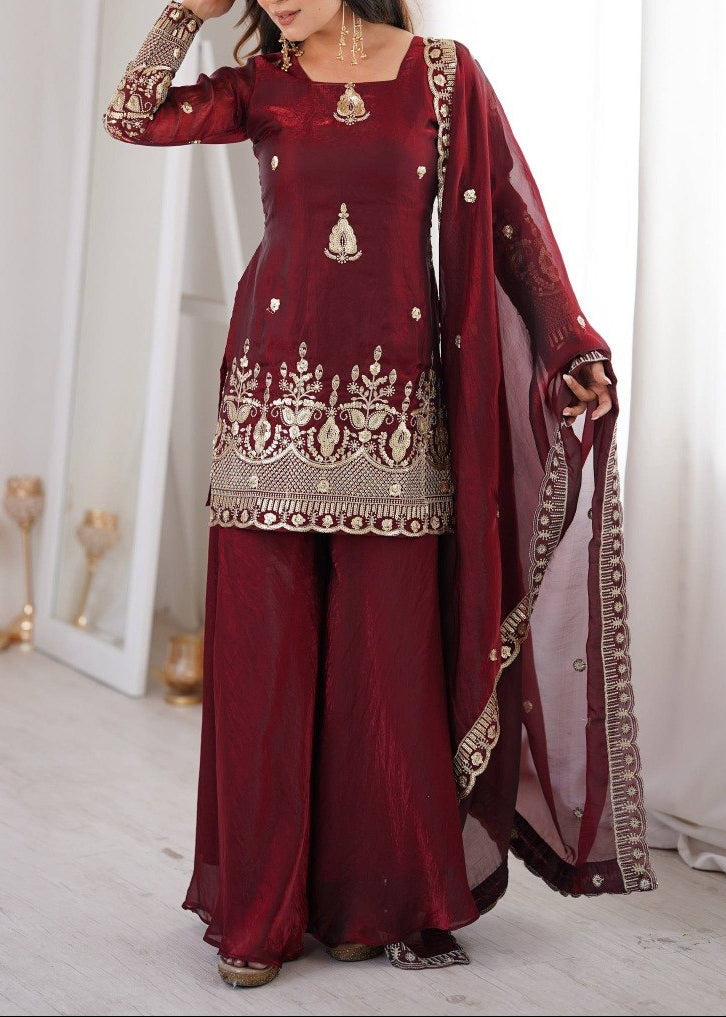 Wedding Wear Fendy Silk Embroidery Sequence Work Top, Sharara & Dupatta