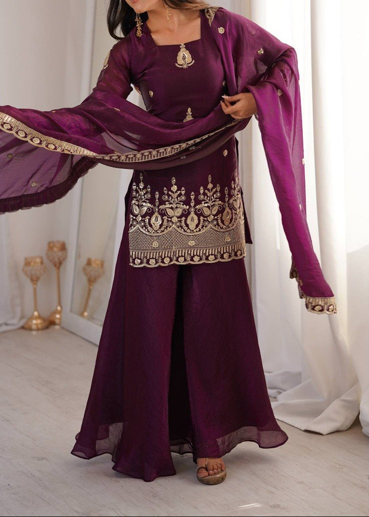 Wedding Wear Fendy Silk Embroidery Sequence Work Top, Sharara & Dupatta