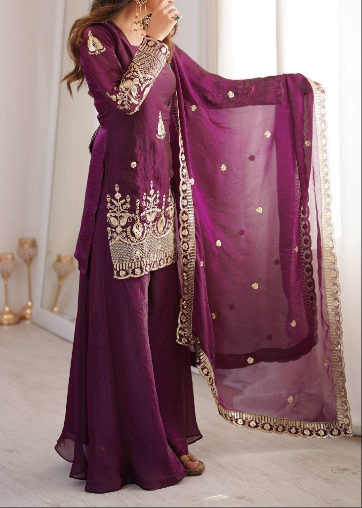 Wedding Wear Fendy Silk Embroidery Sequence Work Top, Sharara & Dupatta