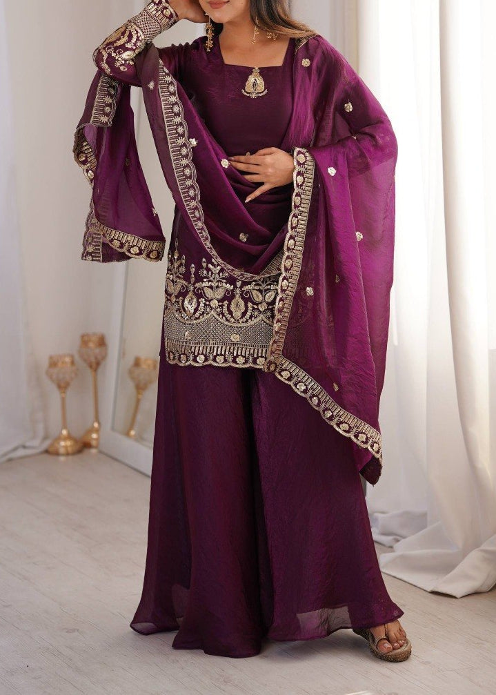 Wedding Wear Fendy Silk Embroidery Sequence Work Top, Sharara & Dupatta