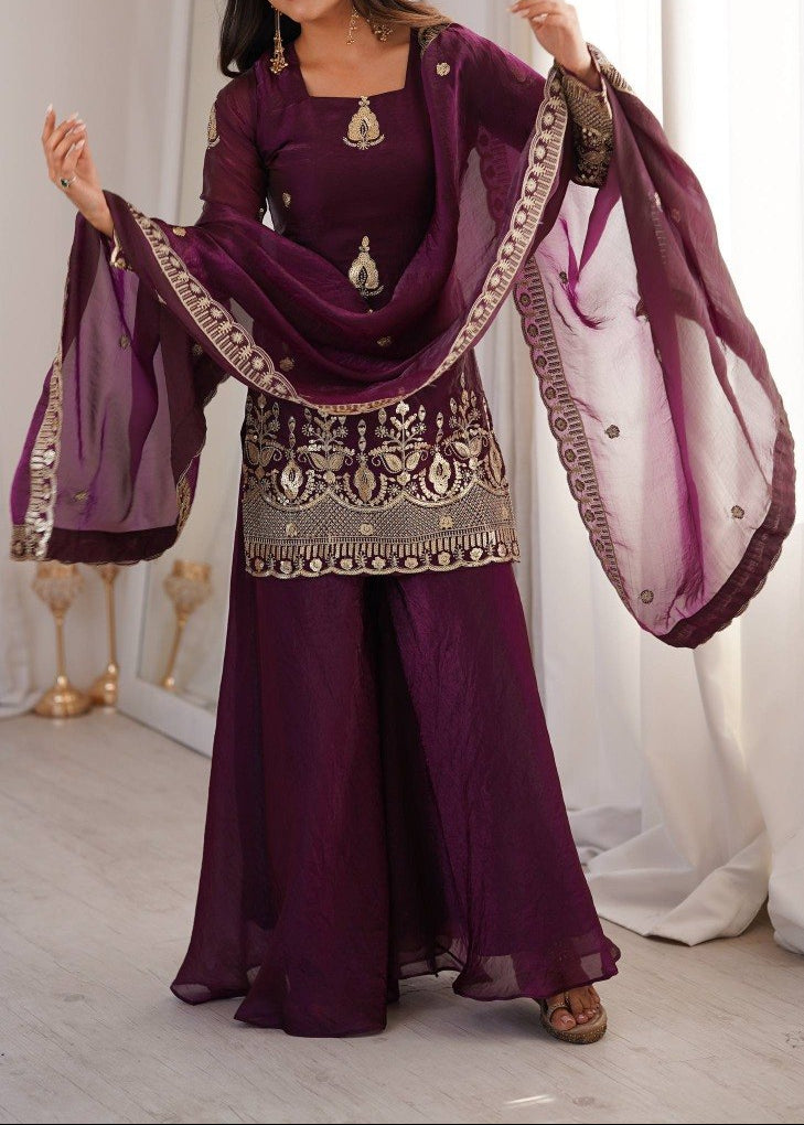 Wedding Wear Fendy Silk Embroidery Sequence Work Top, Sharara & Dupatta
