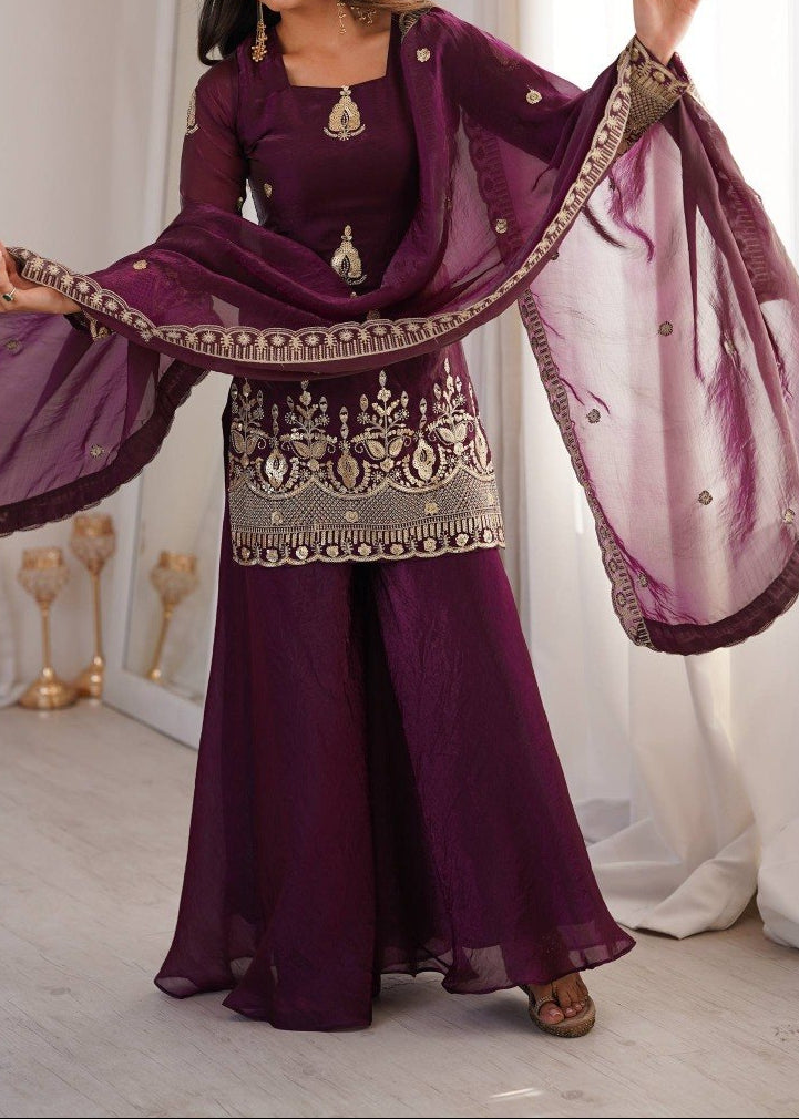 Wedding Wear Fendy Silk Embroidery Sequence Work Top, Sharara & Dupatta