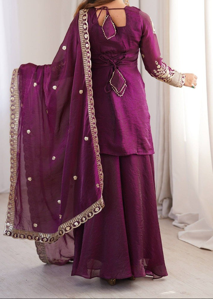 Wedding Wear Fendy Silk Embroidery Sequence Work Top, Sharara & Dupatta