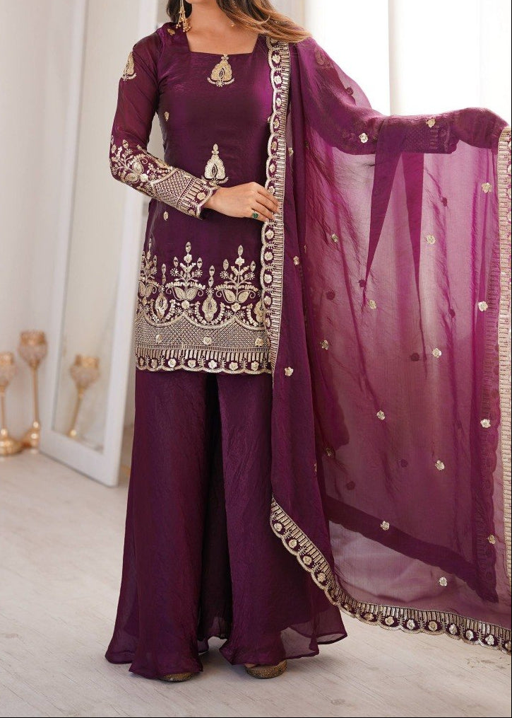 Wedding Wear Fendy Silk Embroidery Sequence Work Top, Sharara & Dupatta