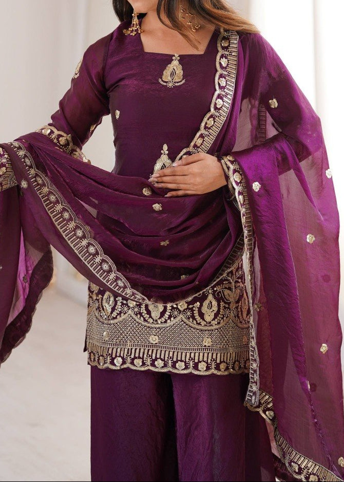 Wedding Wear Fendy Silk Embroidery Sequence Work Top, Sharara & Dupatta