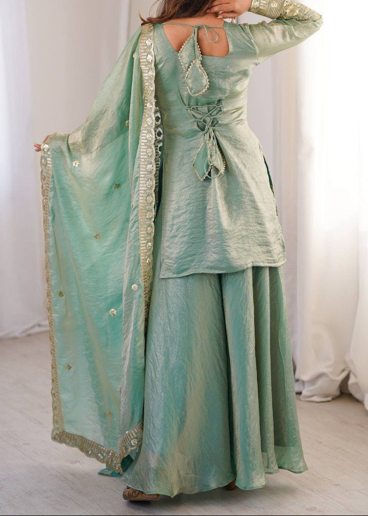 Wedding Wear Fendy Silk Embroidery Sequence Work Top, Sharara & Dupatta