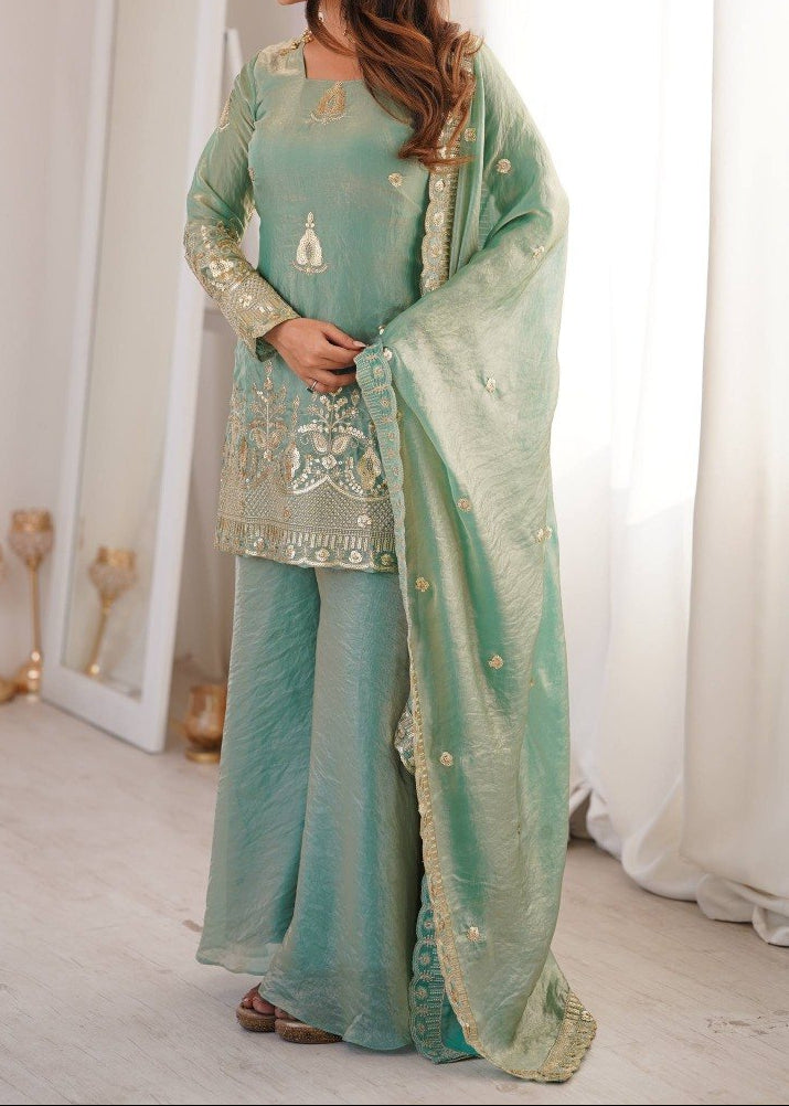 Wedding Wear Fendy Silk Embroidery Sequence Work Top, Sharara & Dupatta