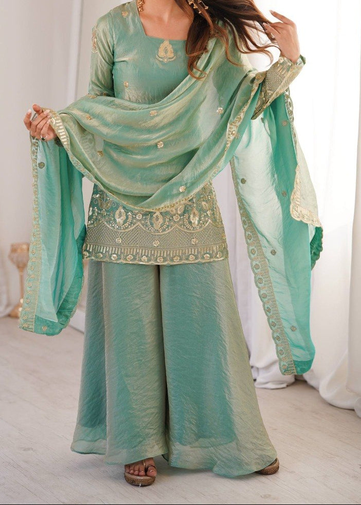Wedding Wear Fendy Silk Embroidery Sequence Work Top, Sharara & Dupatta