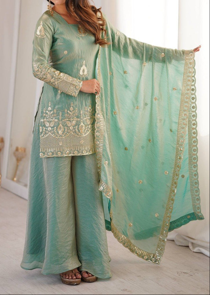 Wedding Wear Fendy Silk Embroidery Sequence Work Top, Sharara & Dupatta