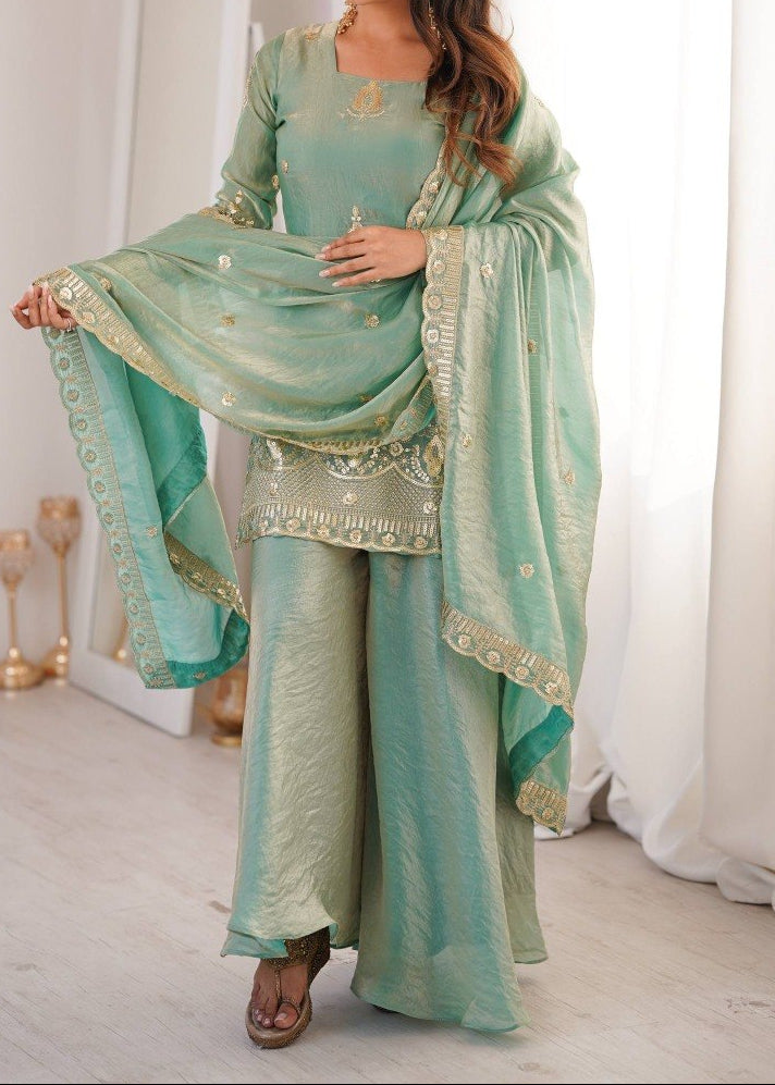 Wedding Wear Fendy Silk Embroidery Sequence Work Top, Sharara & Dupatta