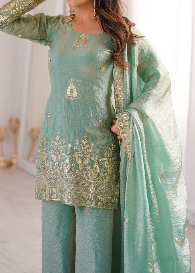 Wedding Wear Fendy Silk Embroidery Sequence Work Top, Sharara & Dupatta