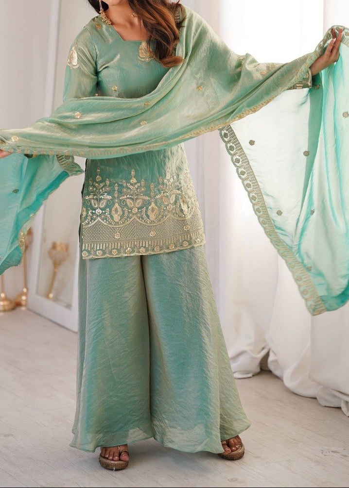Wedding Wear Fendy Silk Embroidery Sequence Work Top, Sharara & Dupatta