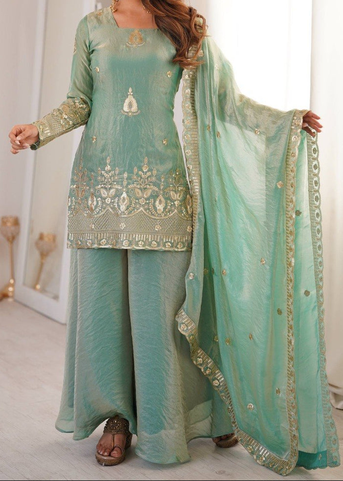 Wedding Wear Fendy Silk Embroidery Sequence Work Top, Sharara & Dupatta