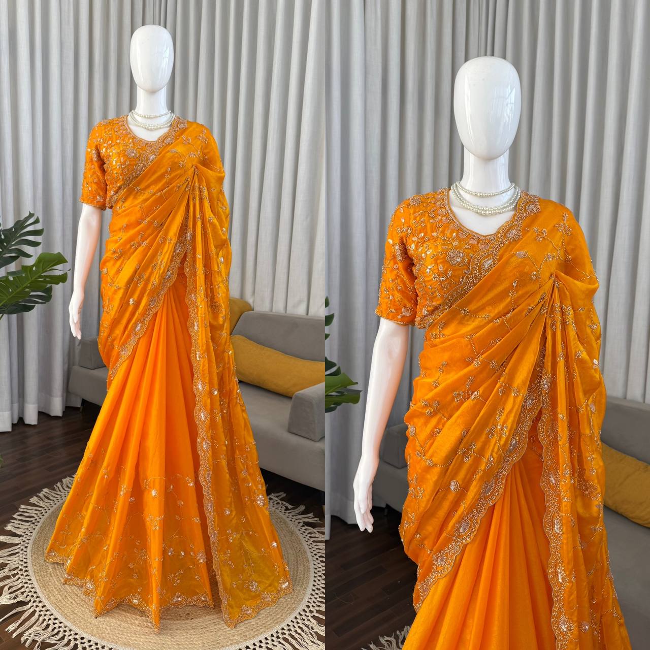 Wedding Wear Fendy Silk Beads With Sequence work  Designer Heavy Saree