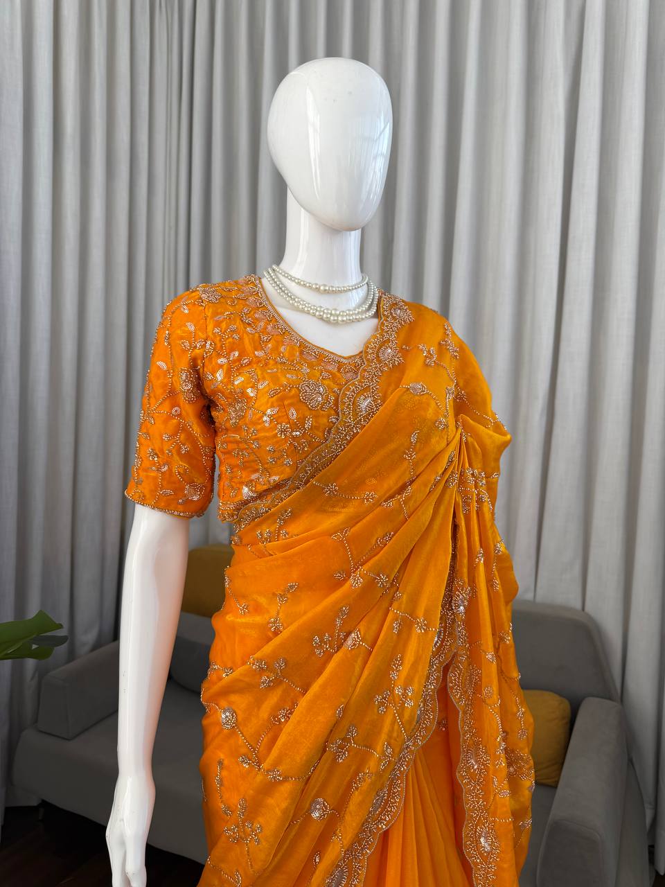 Wedding Wear Fendy Silk Beads With Sequence work  Designer Heavy Saree