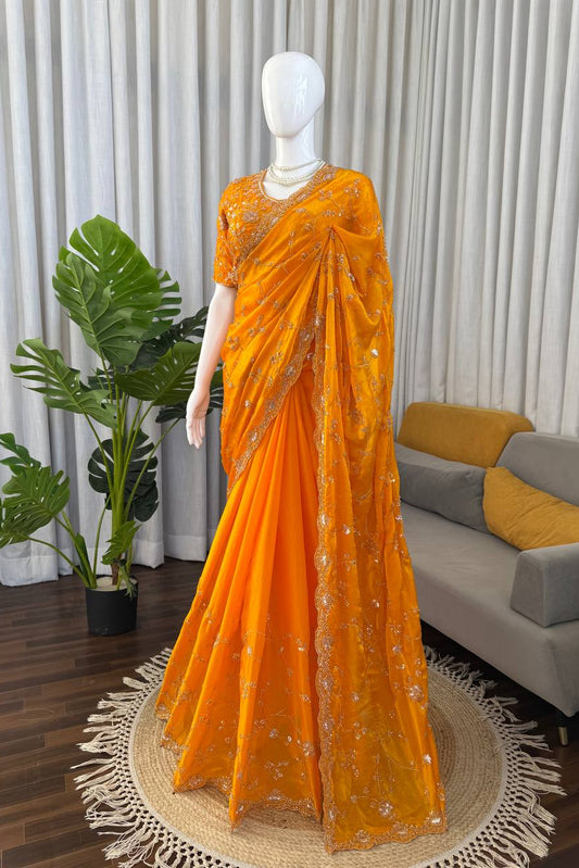 Wedding Wear Fendy Silk Beads With Sequence work  Designer Heavy Saree