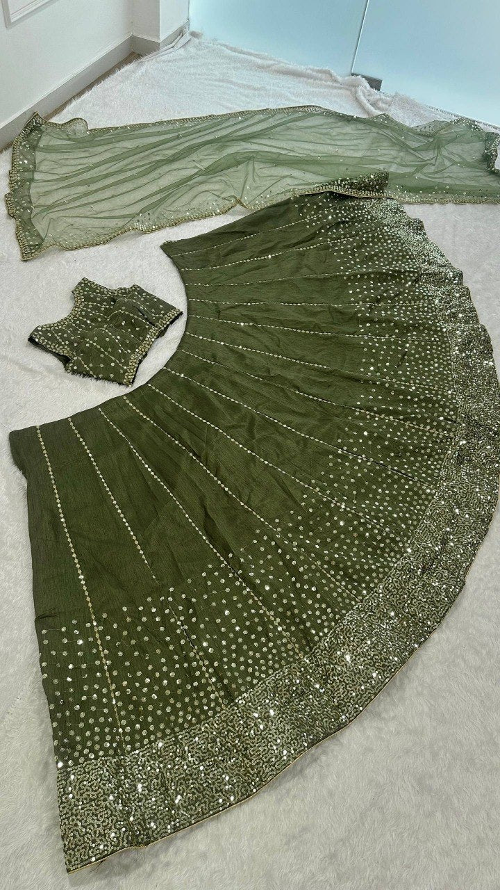 Wedding Wear Heavy Thai Silk Sequins Work Lehenga, Blouse & Dupatta