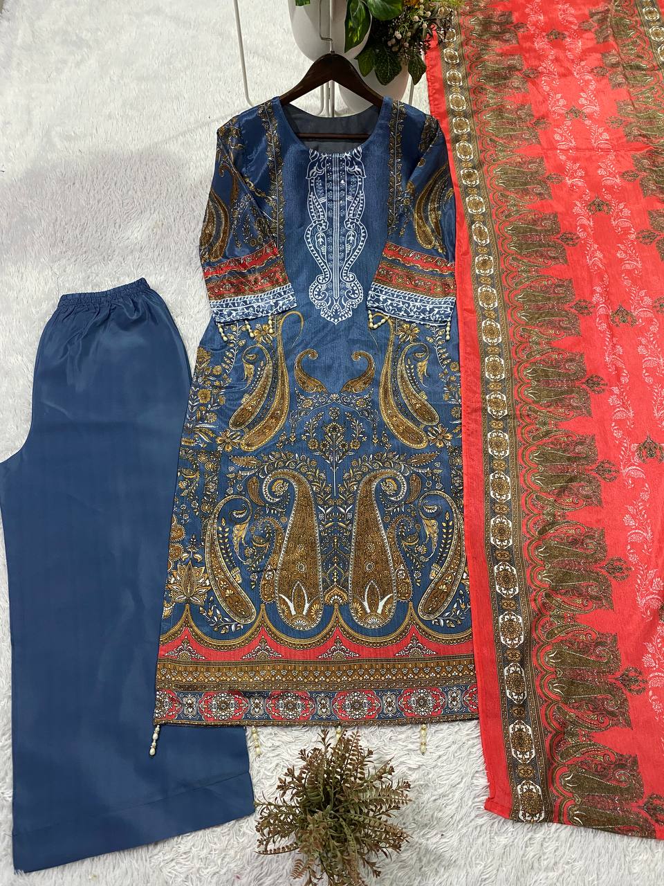 Printed Chinon Silver Diamond Work Top, Palazzo & Dupatta