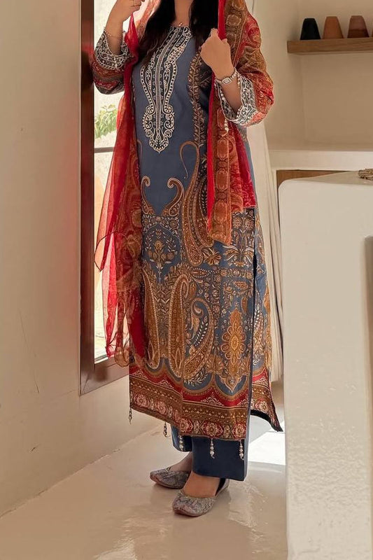 Printed Chinon Silver Diamond Work Top, Palazzo & Dupatta