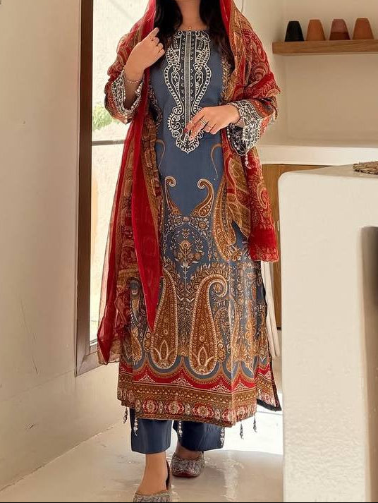 Printed Chinon Silver Diamond Work Top, Palazzo & Dupatta