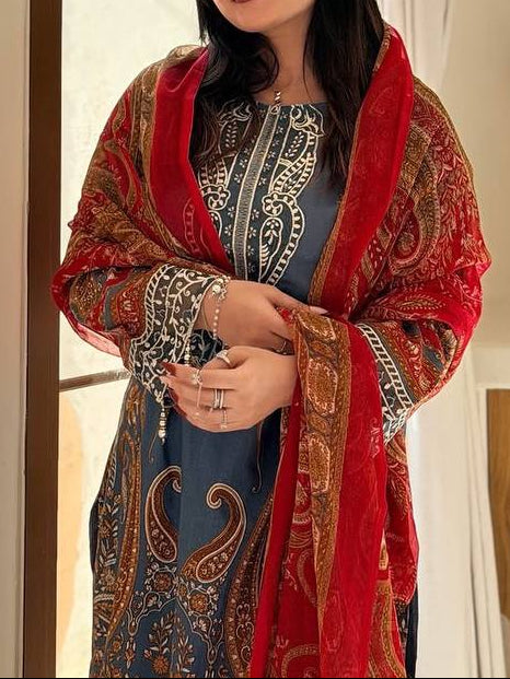 Printed Chinon Silver Diamond Work Top, Palazzo & Dupatta