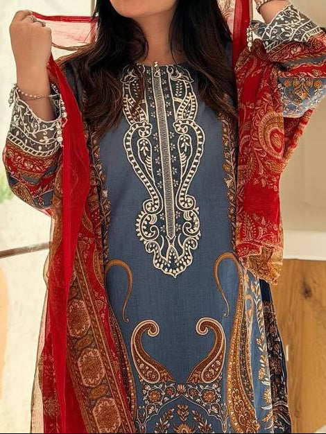 Printed Chinon Silver Diamond Work Top, Palazzo & Dupatta
