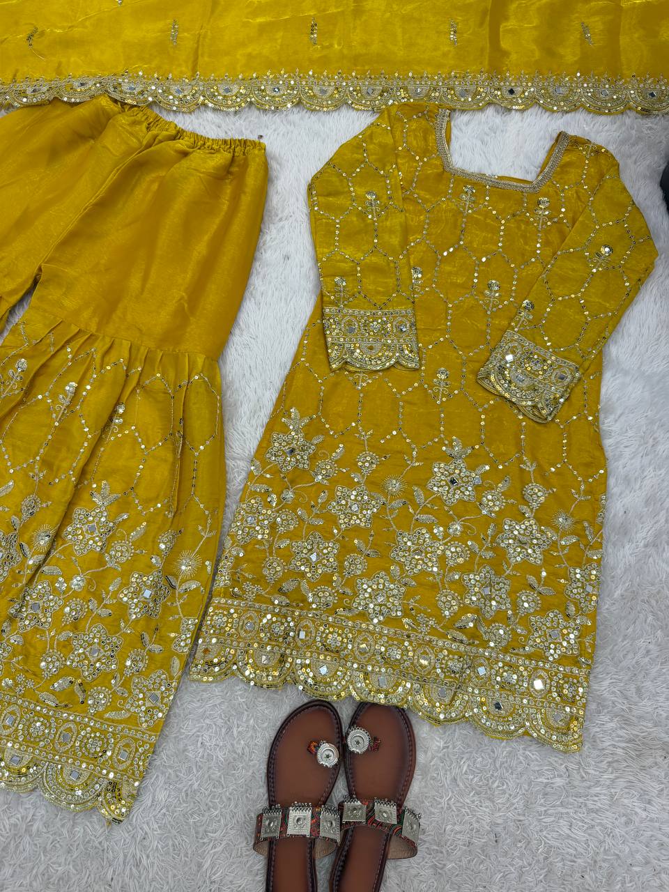 Wedding Waer  Heavy Embroidery Sequence Work with Real Mirror Hand Work Sharara Set