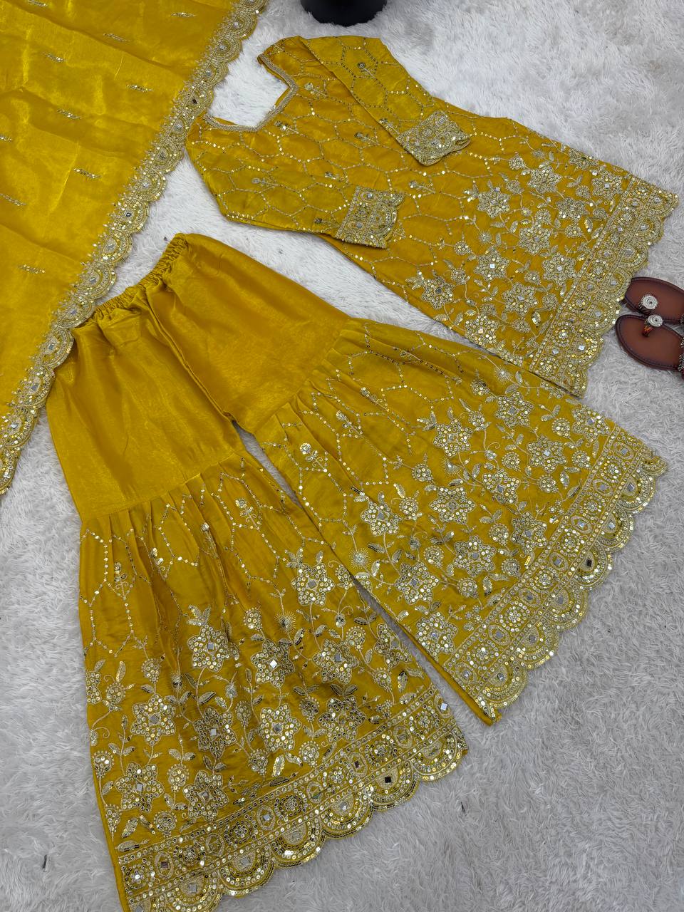 Wedding Waer  Heavy Embroidery Sequence Work with Real Mirror Hand Work Sharara Set