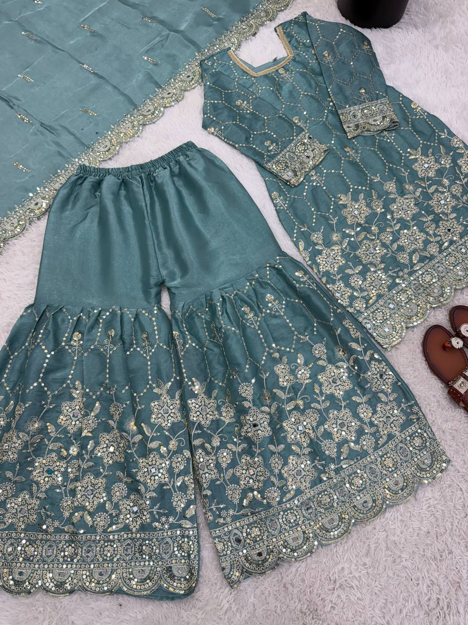 Wedding Waer  Heavy Embroidery Sequence Work with Real Mirror Hand Work Sharara Set