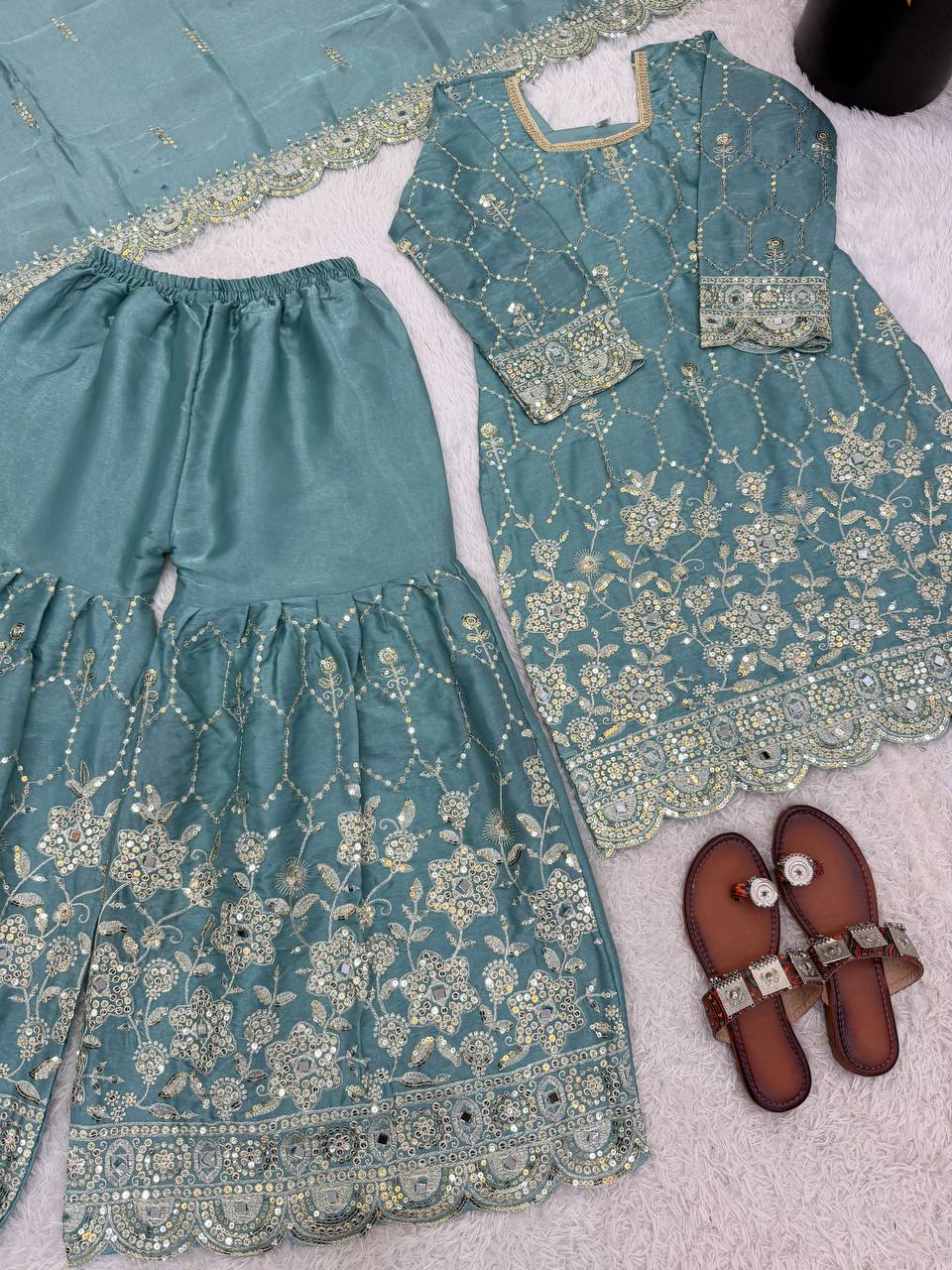Wedding Waer  Heavy Embroidery Sequence Work with Real Mirror Hand Work Sharara Set