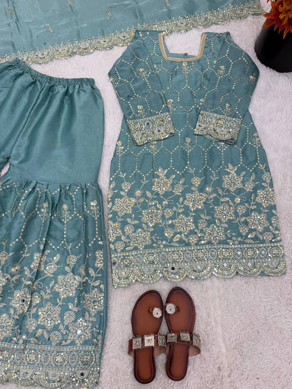 Wedding Waer  Heavy Embroidery Sequence Work with Real Mirror Hand Work Sharara Set