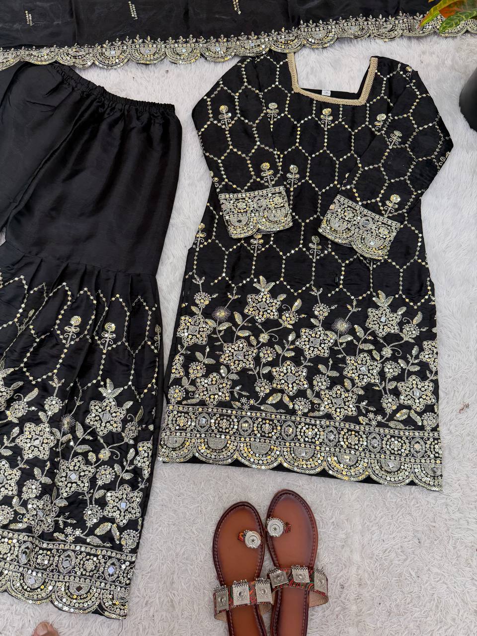 Wedding Waer  Heavy Embroidery Sequence Work with Real Mirror Hand Work Sharara Set