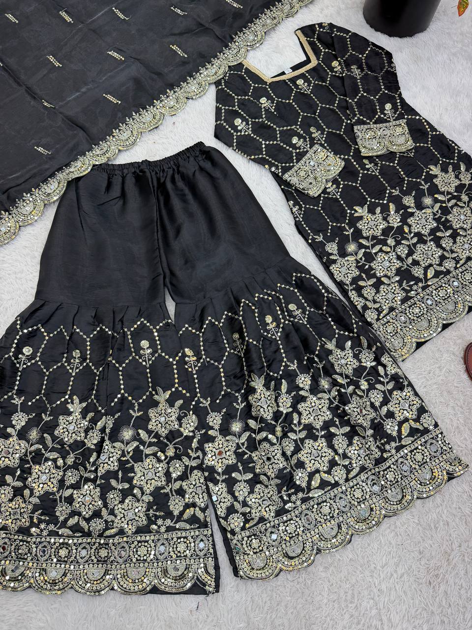 Wedding Waer  Heavy Embroidery Sequence Work with Real Mirror Hand Work Sharara Set