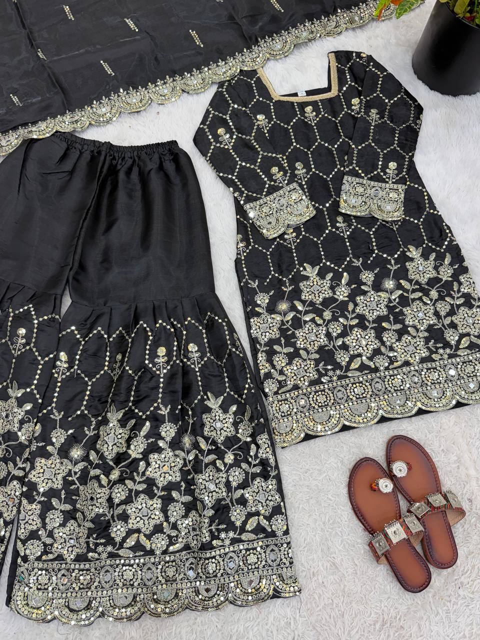 Wedding Waer  Heavy Embroidery Sequence Work with Real Mirror Hand Work Sharara Set