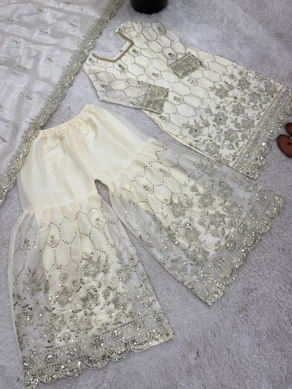 Wedding Waer  Heavy Embroidery Sequence Work with Real Mirror Hand Work Sharara Set