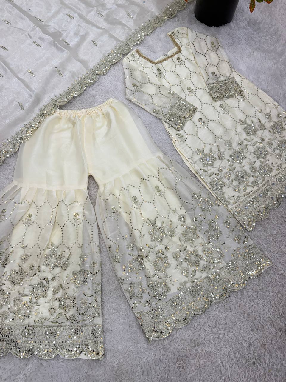 Wedding Waer  Heavy Embroidery Sequence Work with Real Mirror Hand Work Sharara Set