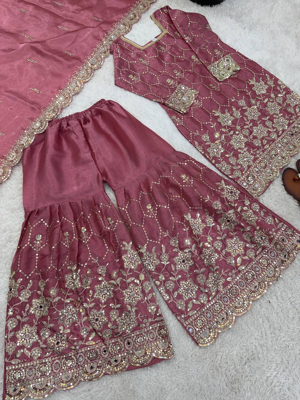 Wedding Waer  Heavy Embroidery Sequence Work with Real Mirror Hand Work Sharara Set