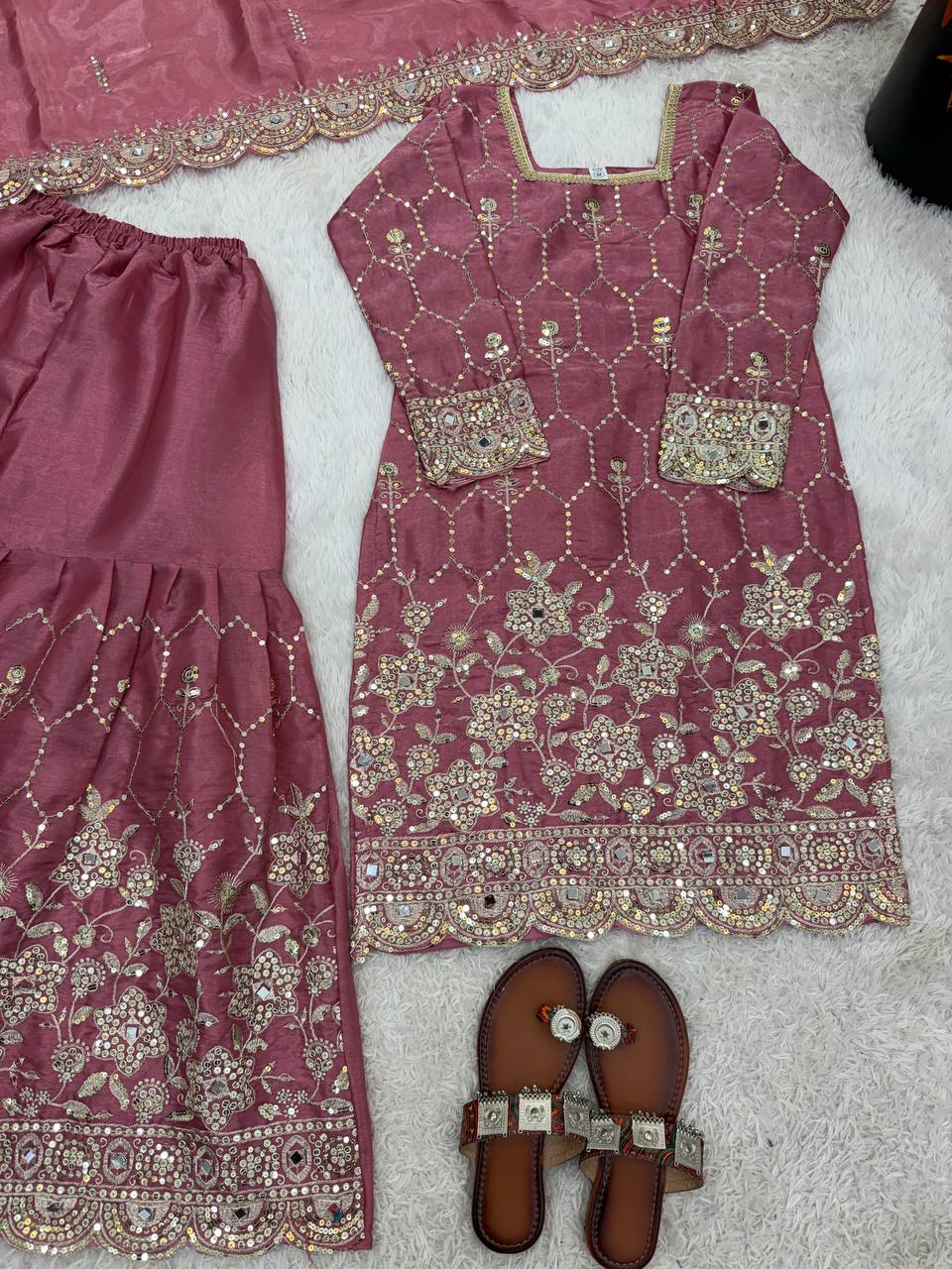 Wedding Waer  Heavy Embroidery Sequence Work with Real Mirror Hand Work Sharara Set