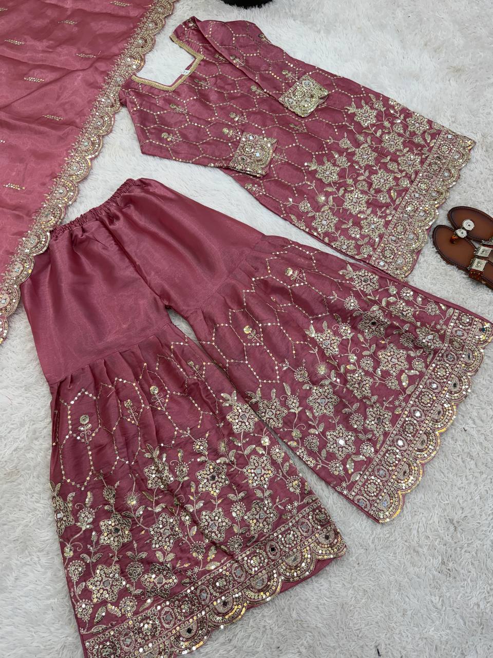 Wedding Waer  Heavy Embroidery Sequence Work with Real Mirror Hand Work Sharara Set
