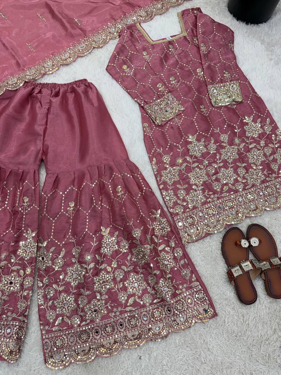 Wedding Waer  Heavy Embroidery Sequence Work with Real Mirror Hand Work Sharara Set