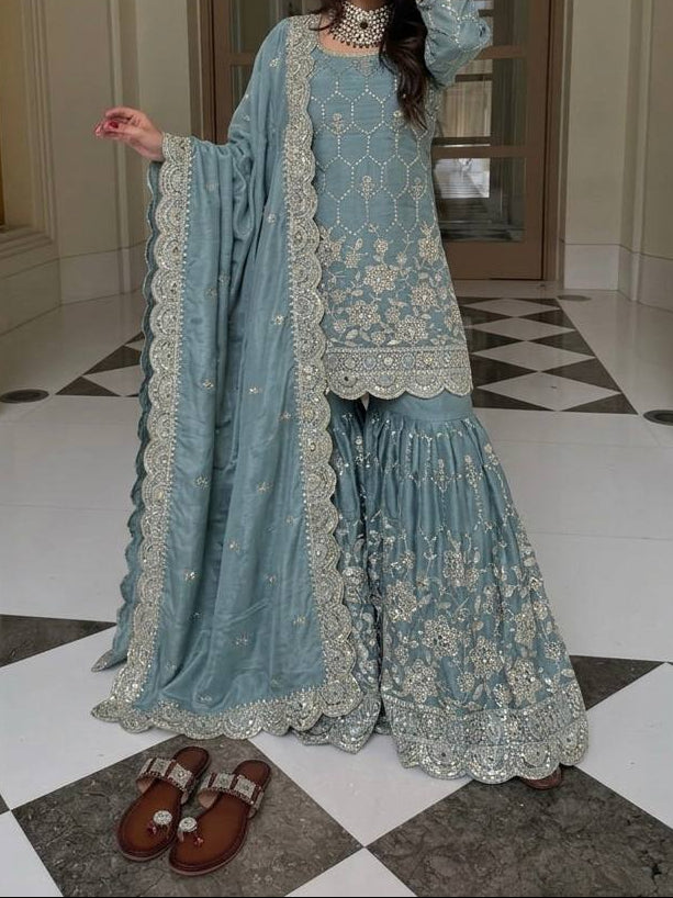 Wedding Waer  Heavy Embroidery Sequence Work with Real Mirror Hand Work Sharara Set