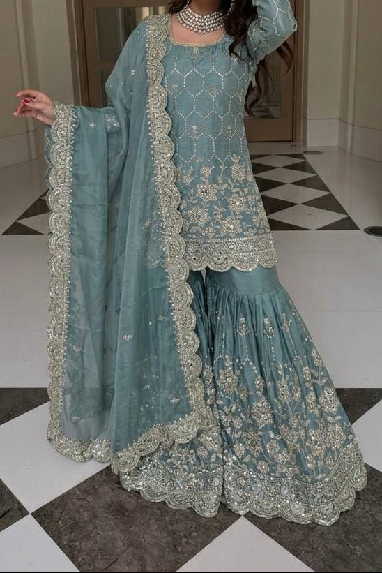 Wedding Waer  Heavy Embroidery Sequence Work with Real Mirror Hand Work Sharara Set
