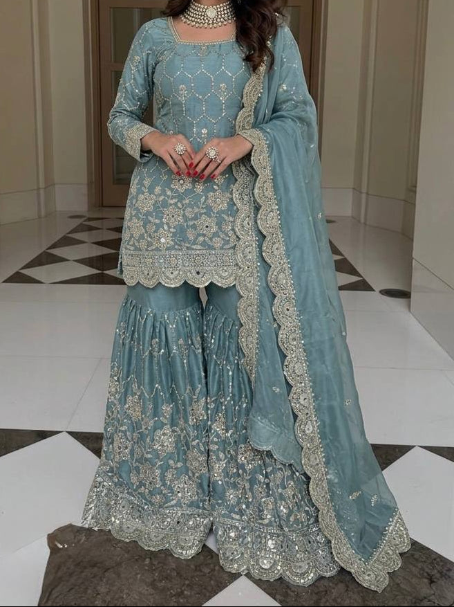Wedding Waer  Heavy Embroidery Sequence Work with Real Mirror Hand Work Sharara Set