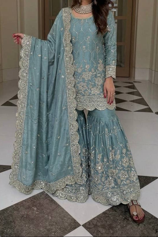 Wedding Waer  Heavy Embroidery Sequence Work with Real Mirror Hand Work Sharara Set