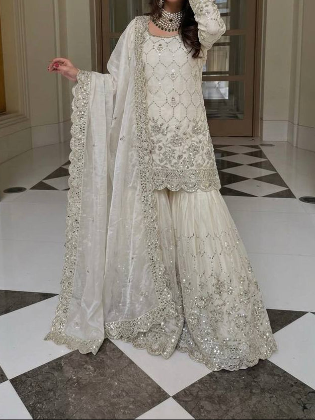 Wedding Waer  Heavy Embroidery Sequence Work with Real Mirror Hand Work Sharara Set